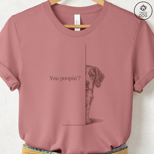 Brittany Spaniel Poopin T-Shirt Heather Mauve Taco-Dog