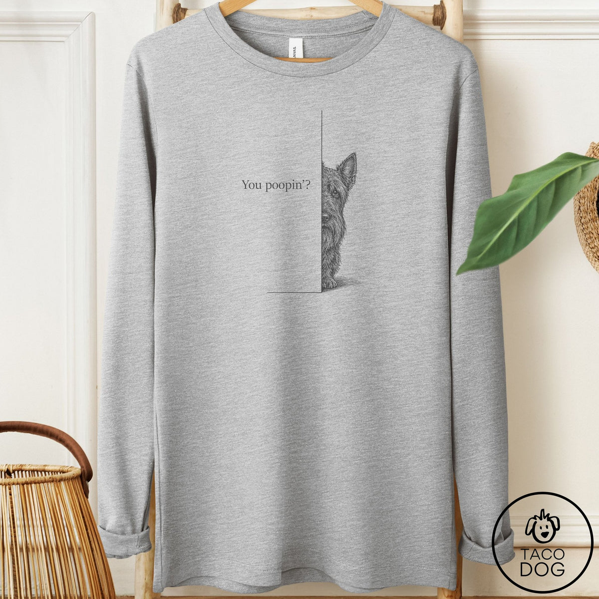 Scottie Poopin Long Sleeve Tee Athletic Heather Taco-Dog