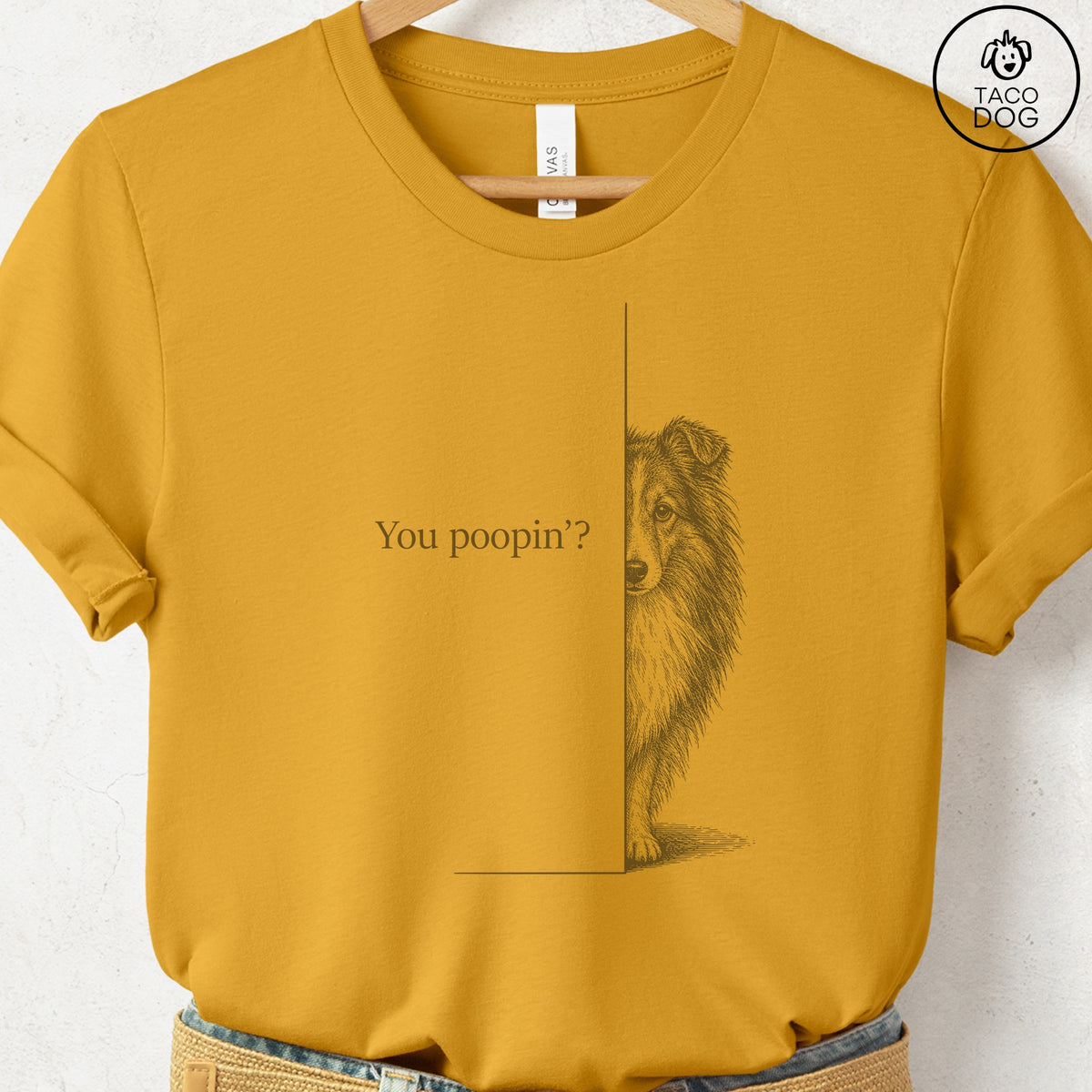 Shetland Sheepdog Poopin T-Shirt Mustard Taco-Dog