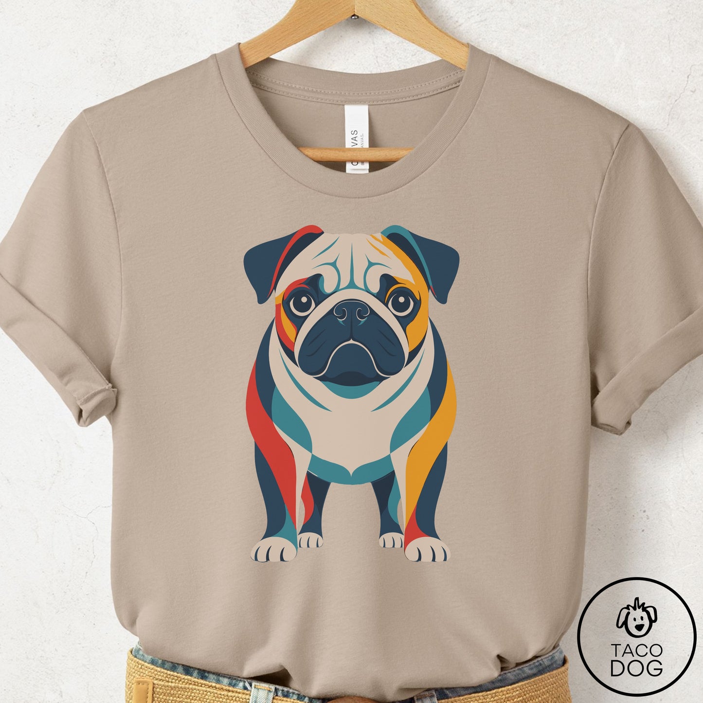 Pug Color Block T-Shirt Tan Taco-Dog