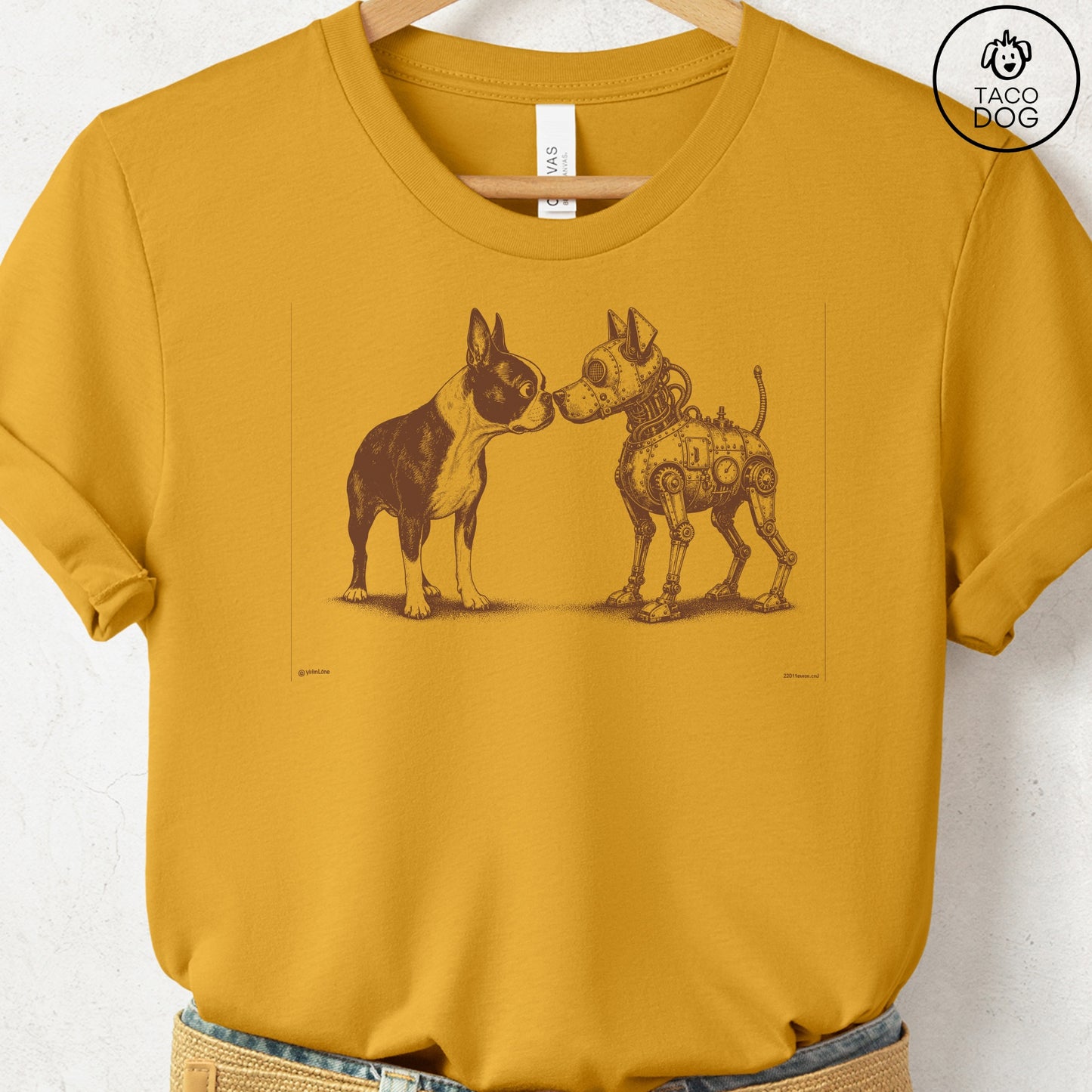 Boston Terrier Robot Dog T-Shirt Mustard S Taco-Dog