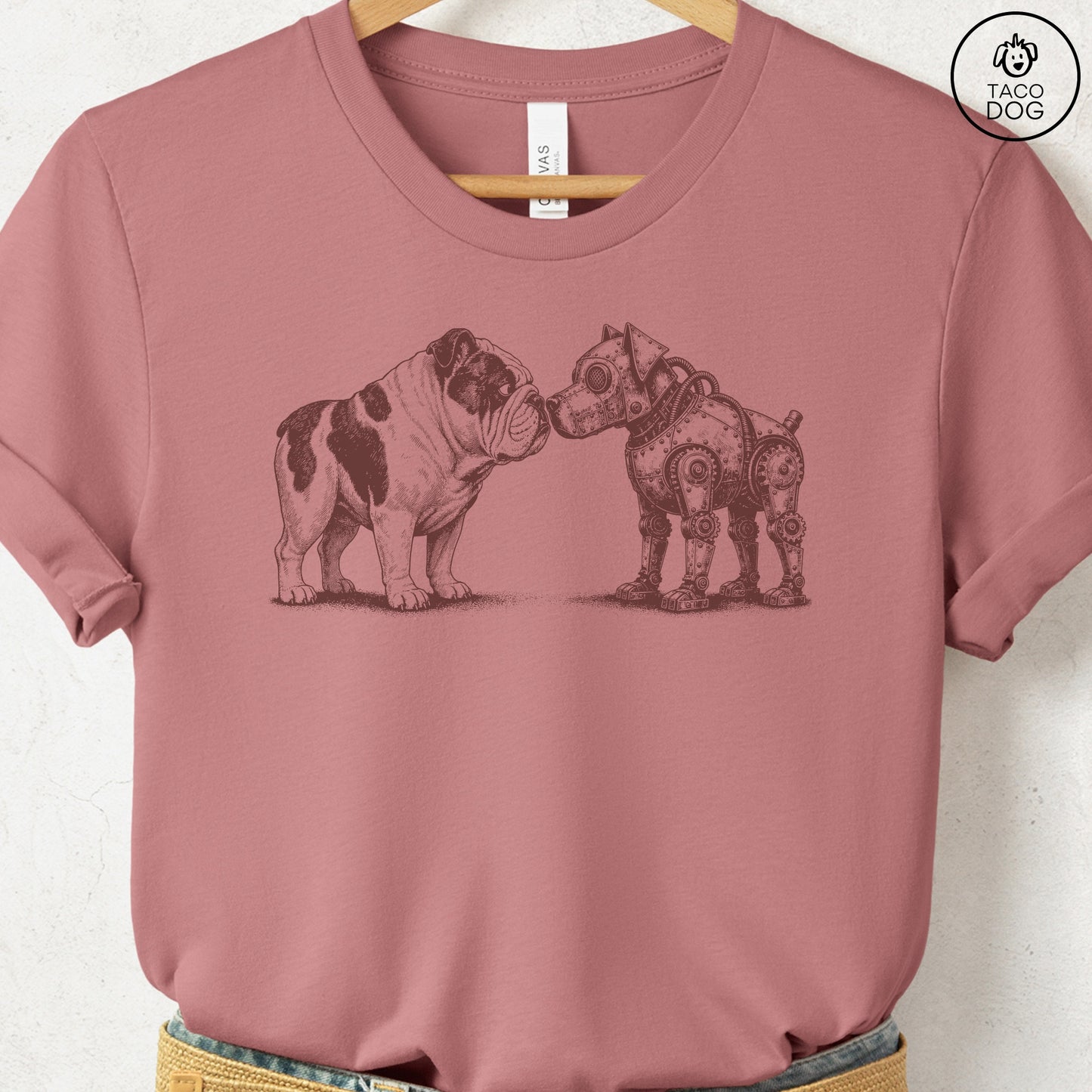 English Bulldog Robot Dog T-Shirt Heather Mauve Taco-Dog