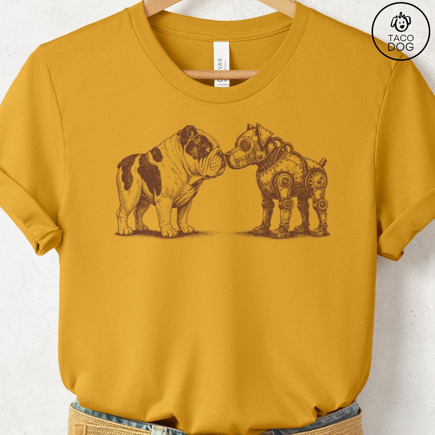 English Bulldog Robot Dog T-Shirt Mustard XS Taco-Dog