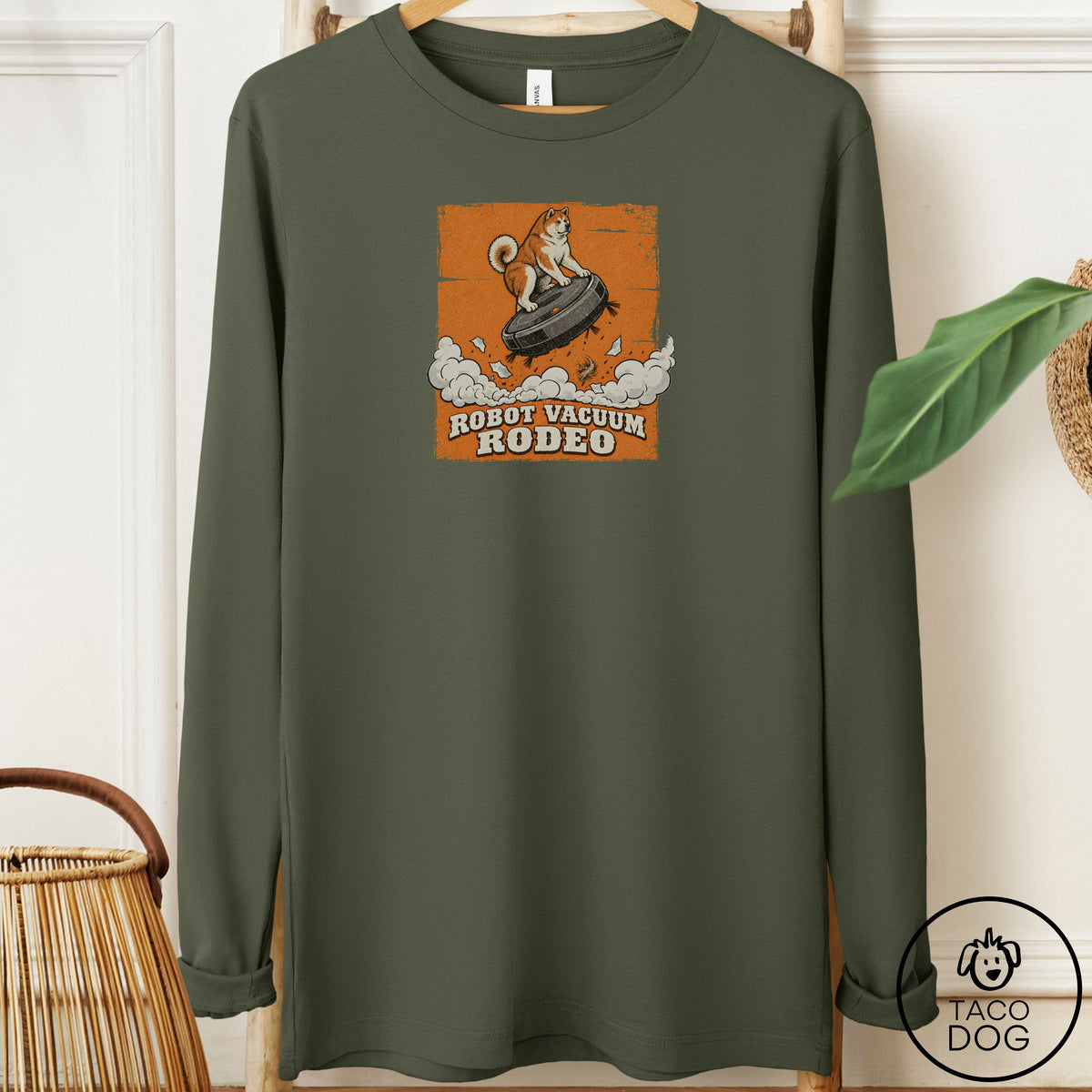 Akita Robot Vacuum Rodeo Long Sleeve Tee Military Green Taco-Dog