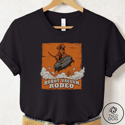 Coonhound Robot Vacuum Rodeo T-Shirt Black Taco-Dog