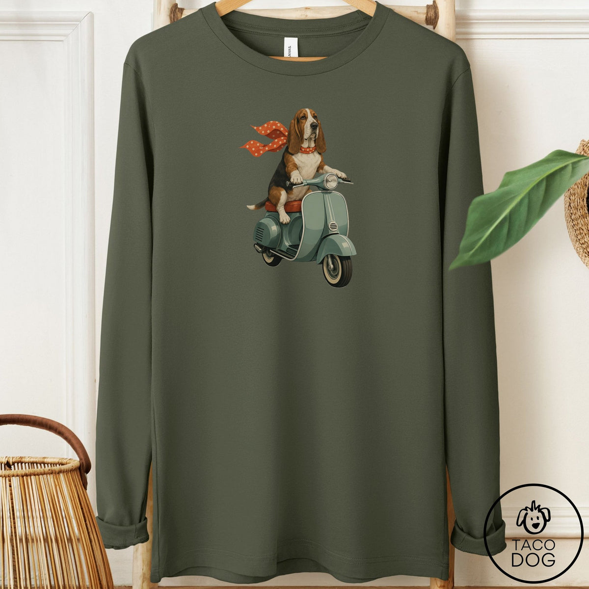 Basset Hound Scooter Long Sleeve Tee Military Green Taco-Dog