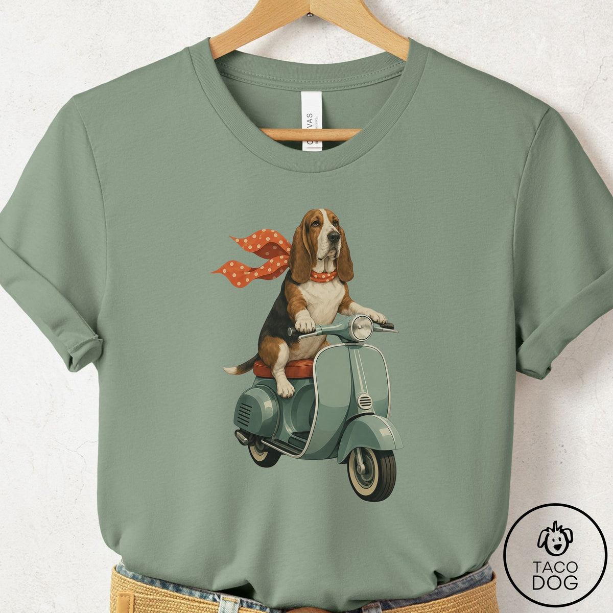 Basset Hound Scooter T-Shirt Sage Taco-Dog