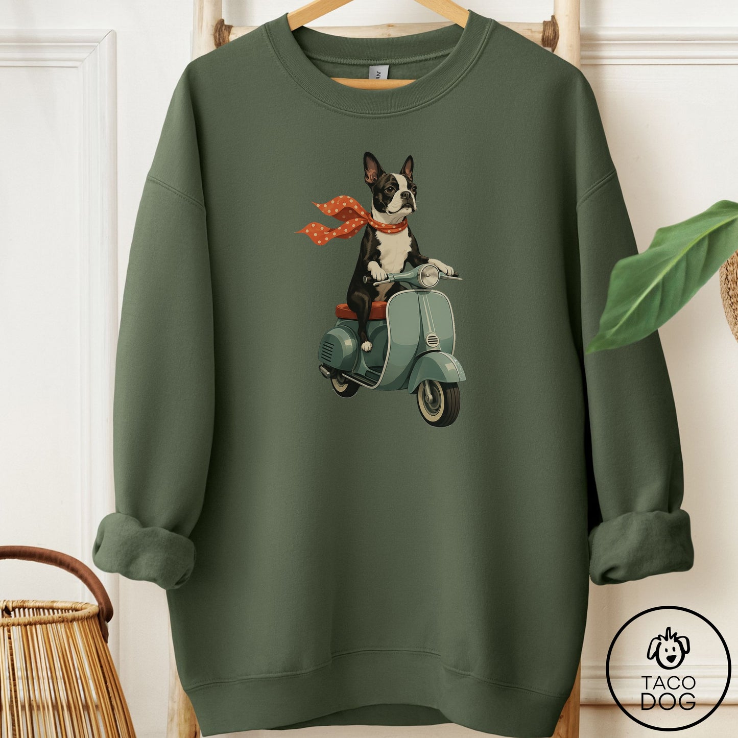 Boston Terrier Scooter Sweatshirt Military Green Taco-Dog