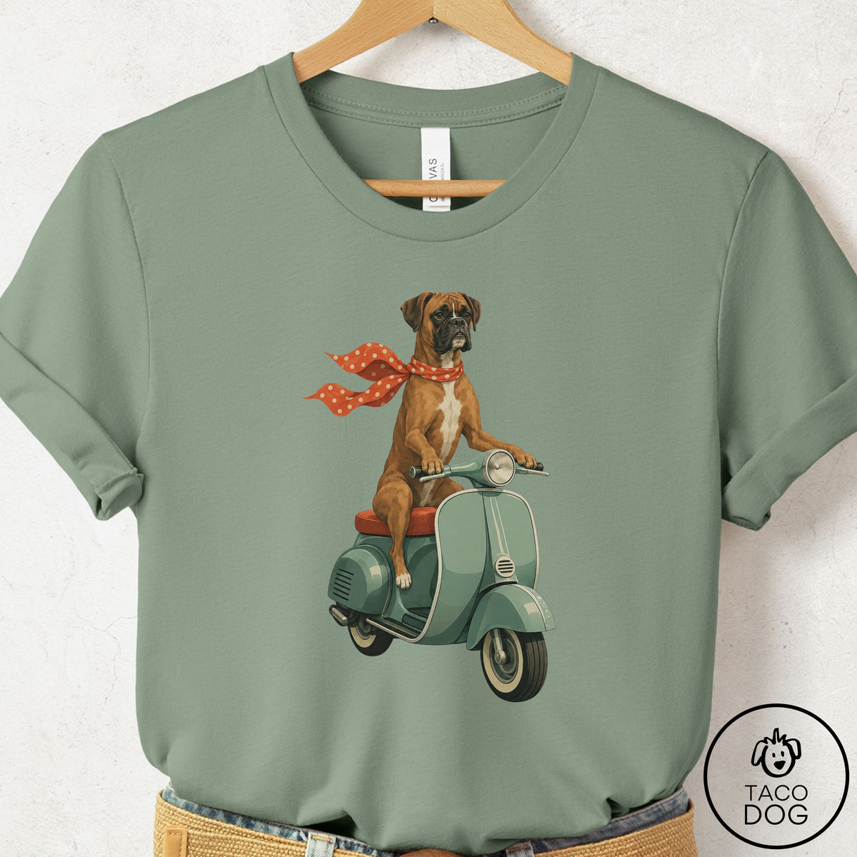 Boxer Scooter T-Shirt Sage Taco-Dog