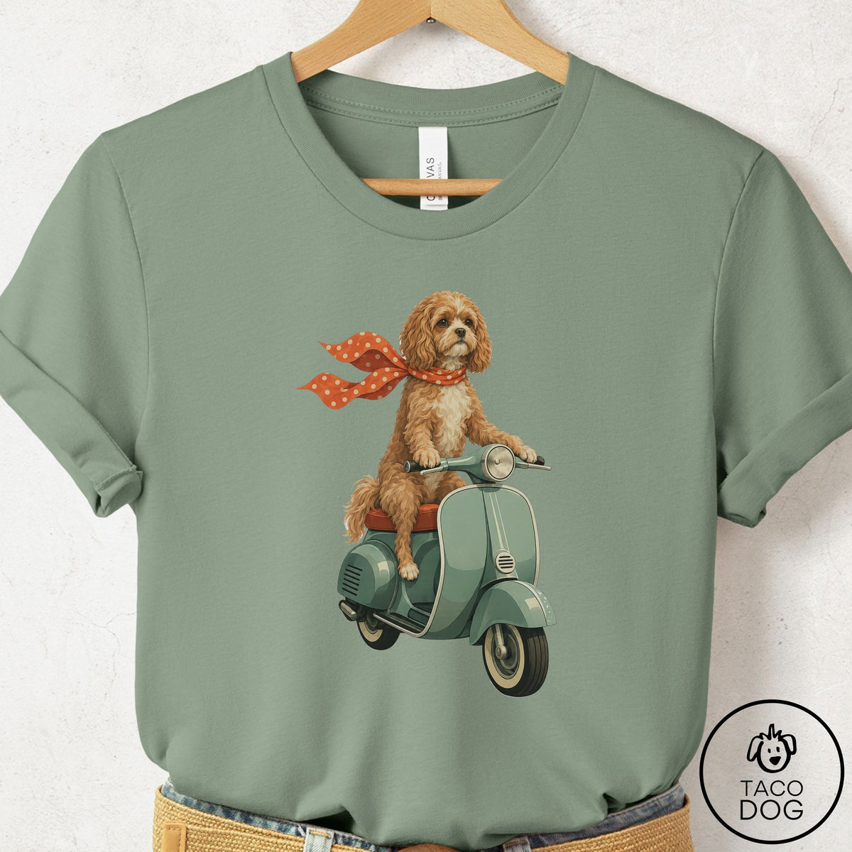 Cavapoo Scooter T-Shirt Sage Taco-Dog