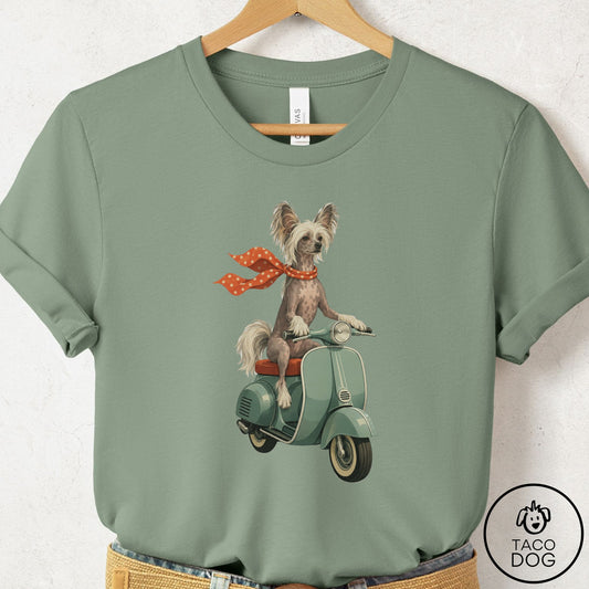 Chinese Crested Scooter T-Shirt Sage Taco-Dog