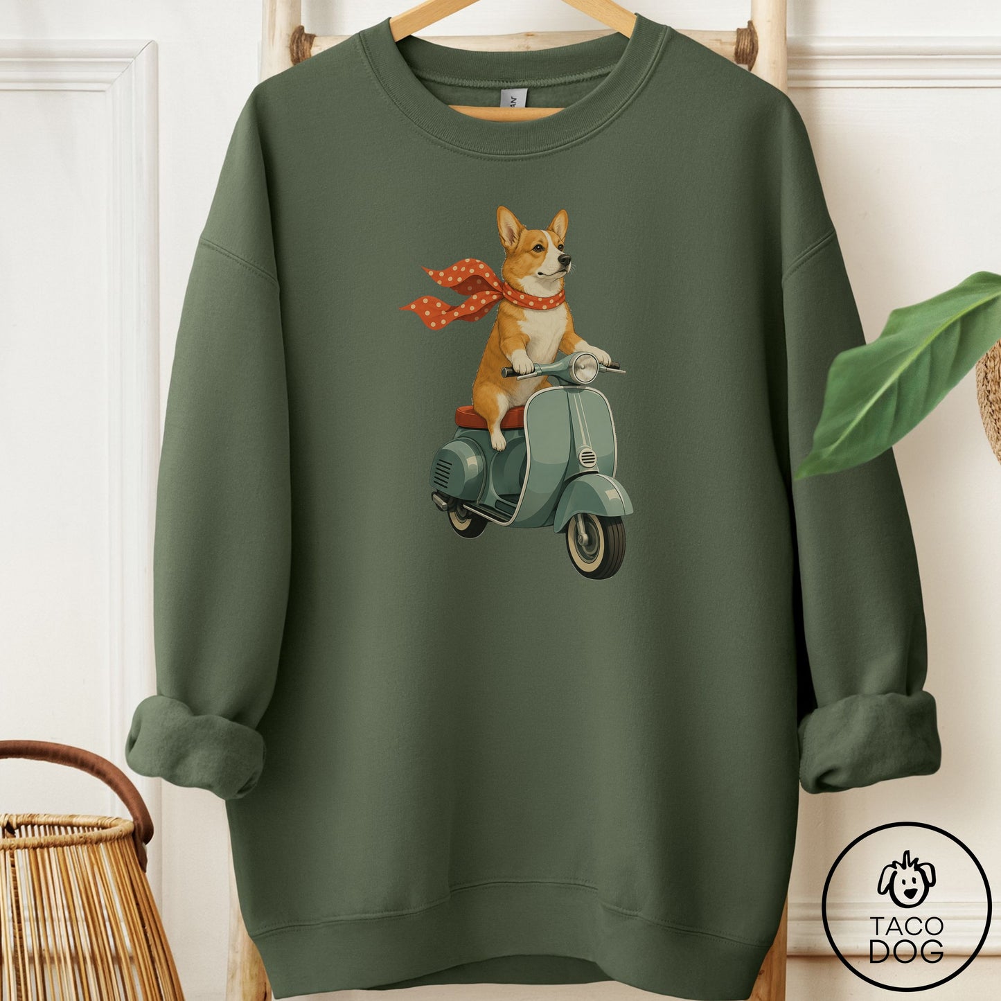 Corgi Scooter Sweatshirt Military Green Taco-Dog