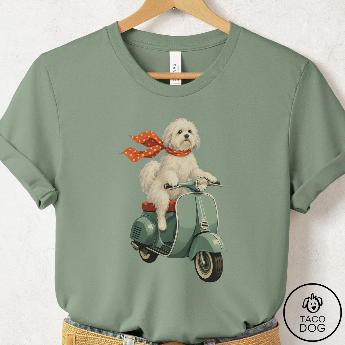 Coton De Tulear Scooter T-Shirt Sage Taco-Dog