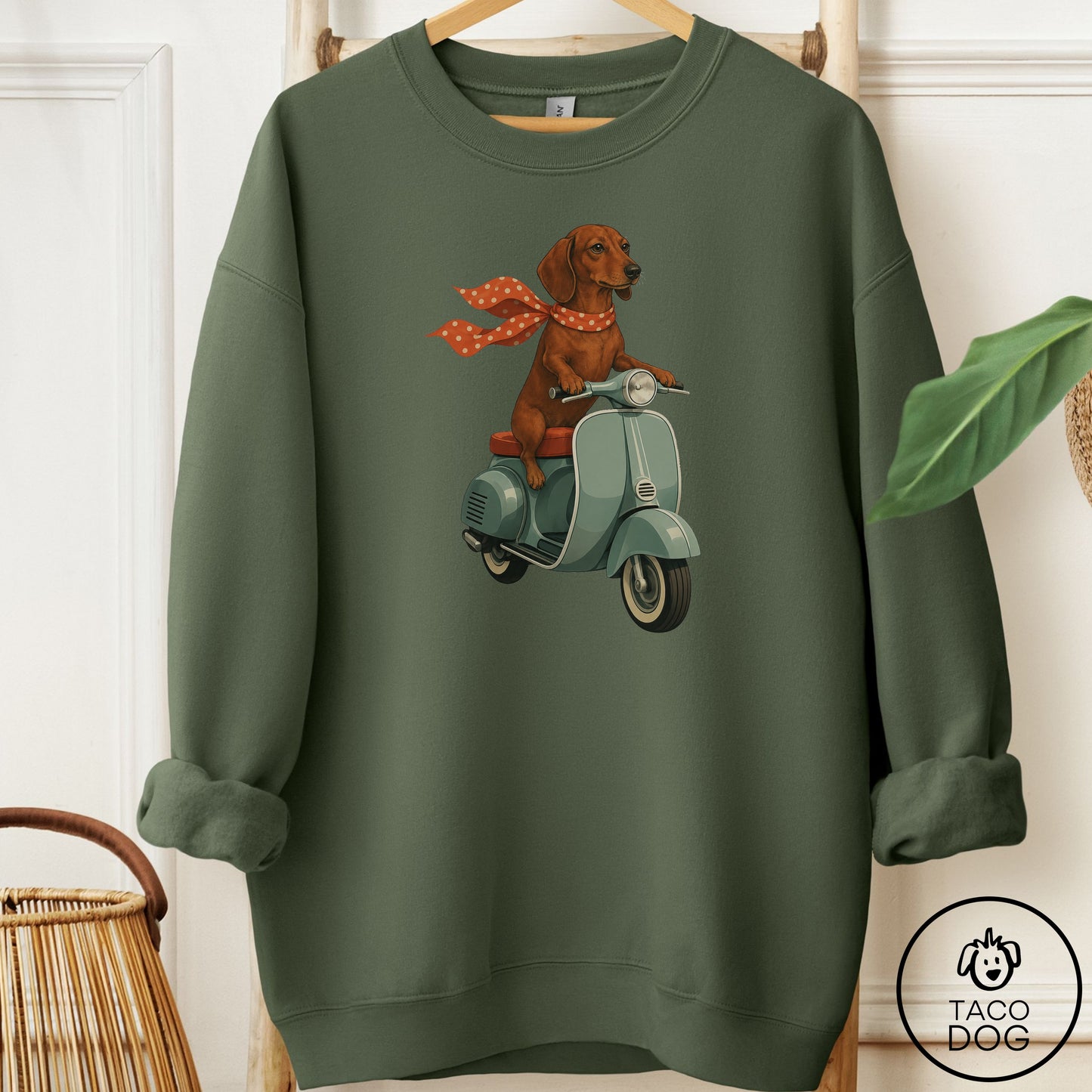 Dachshund Scooter Sweatshirt Military Green Taco-Dog