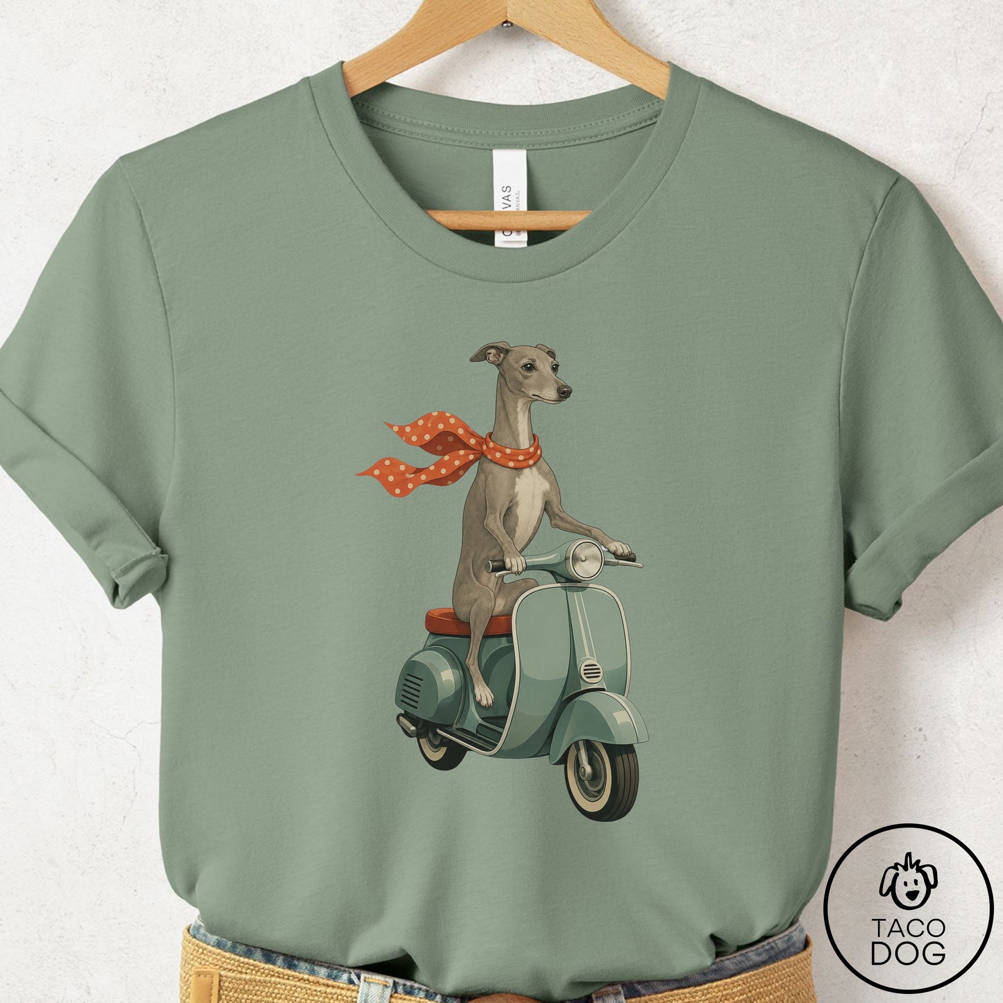 Italian Greyhound Whippet Scooter T-Shirt Sage Taco-Dog