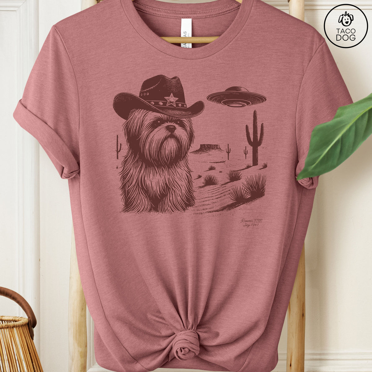 Shih Tzu Ink Cowboy Space UFO T-Shirt Heather Mauve Taco-Dog