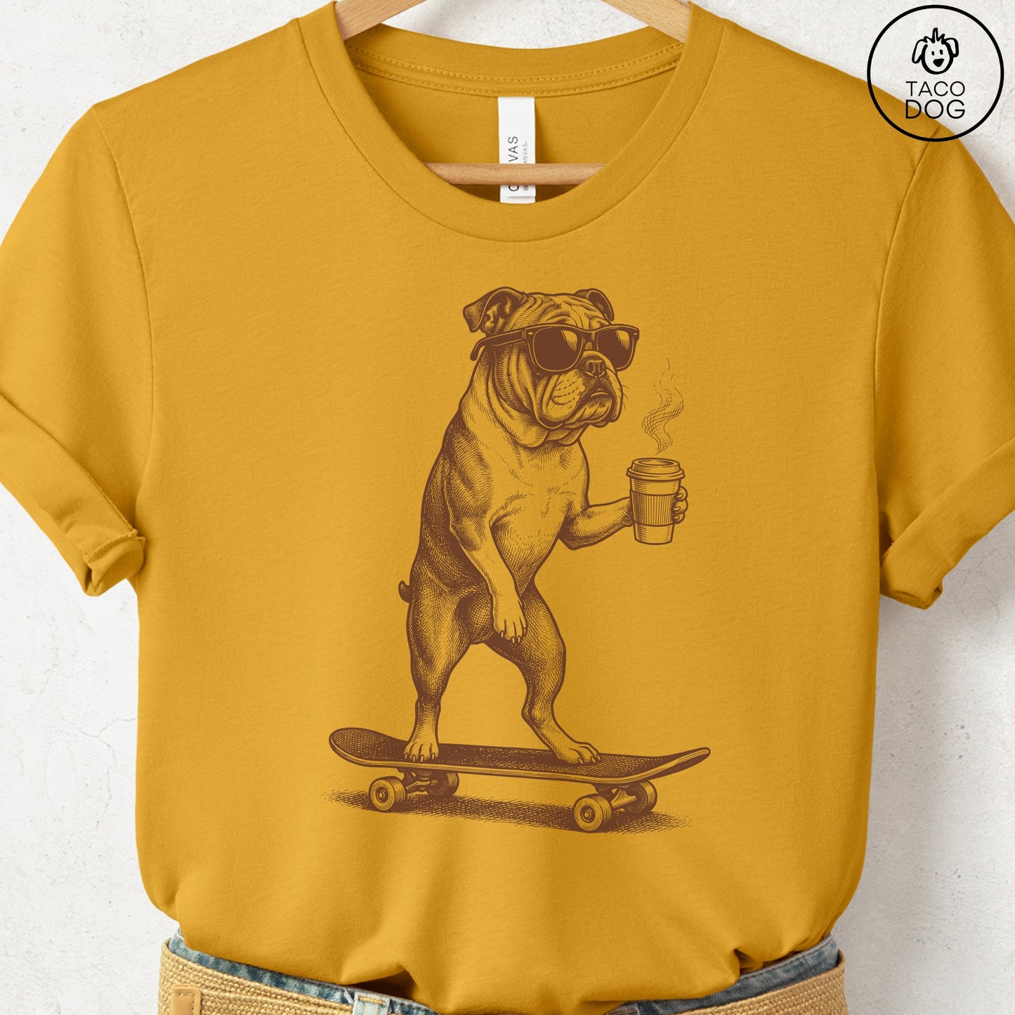 English Bulldog Skateboard T-Shirt Mustard S Taco-Dog