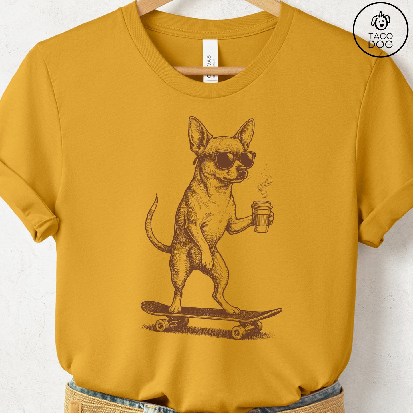 Chihuahua Skateboard T-Shirt Mustard S Taco-Dog