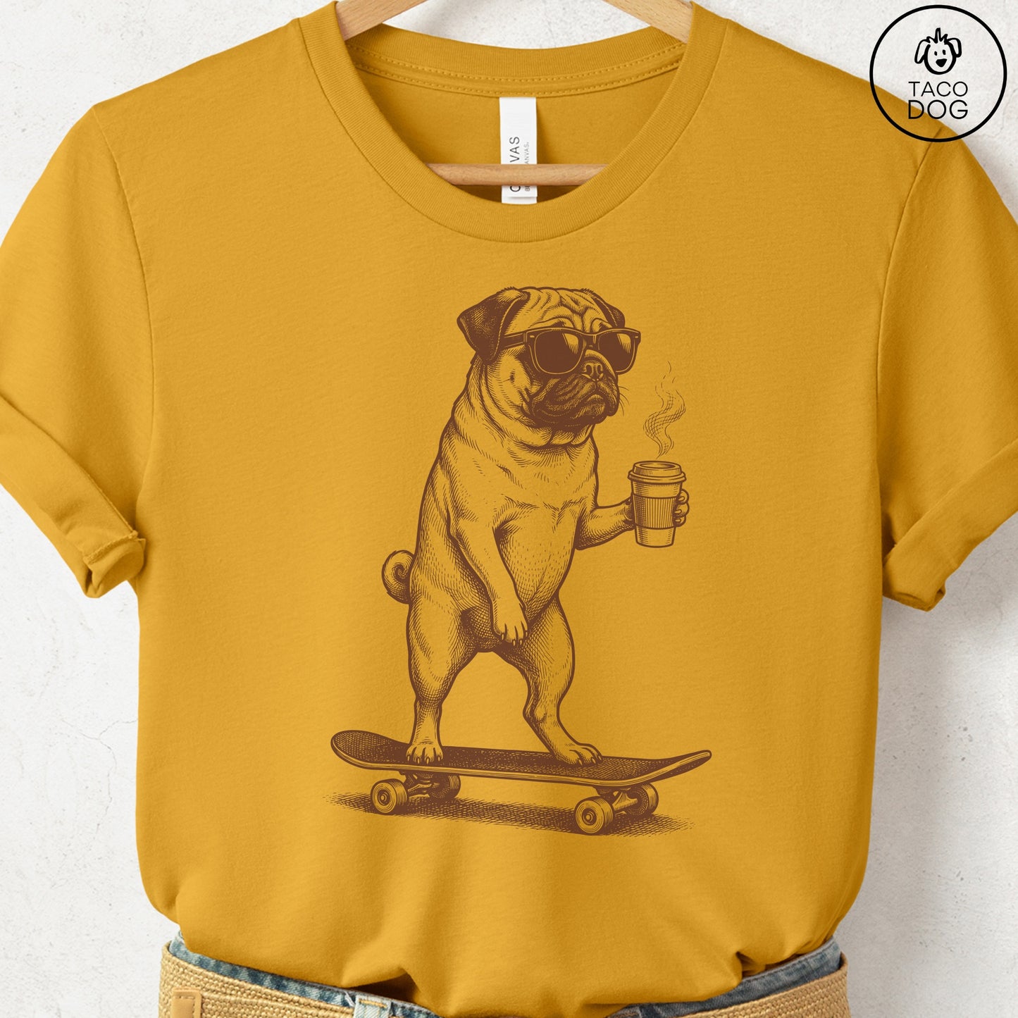 Pug Skateboard T-Shirt Mustard S