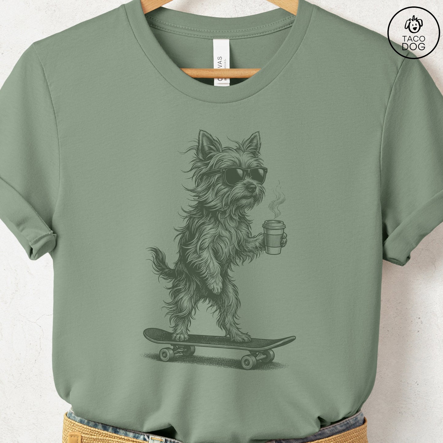 Yorkshire Terrier Yorkie Skateboard T-Shirt Sage S Taco-Dog