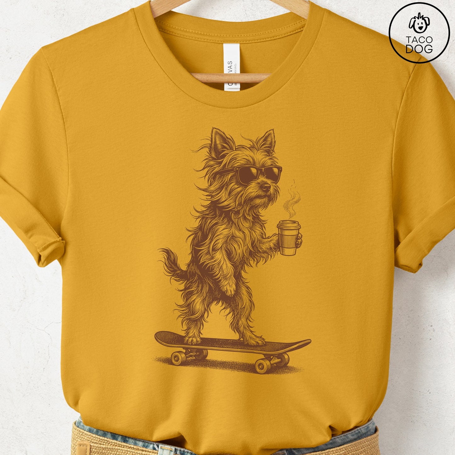 Yorkshire Terrier Yorkie Skateboard T-Shirt Mustard S Taco-Dog