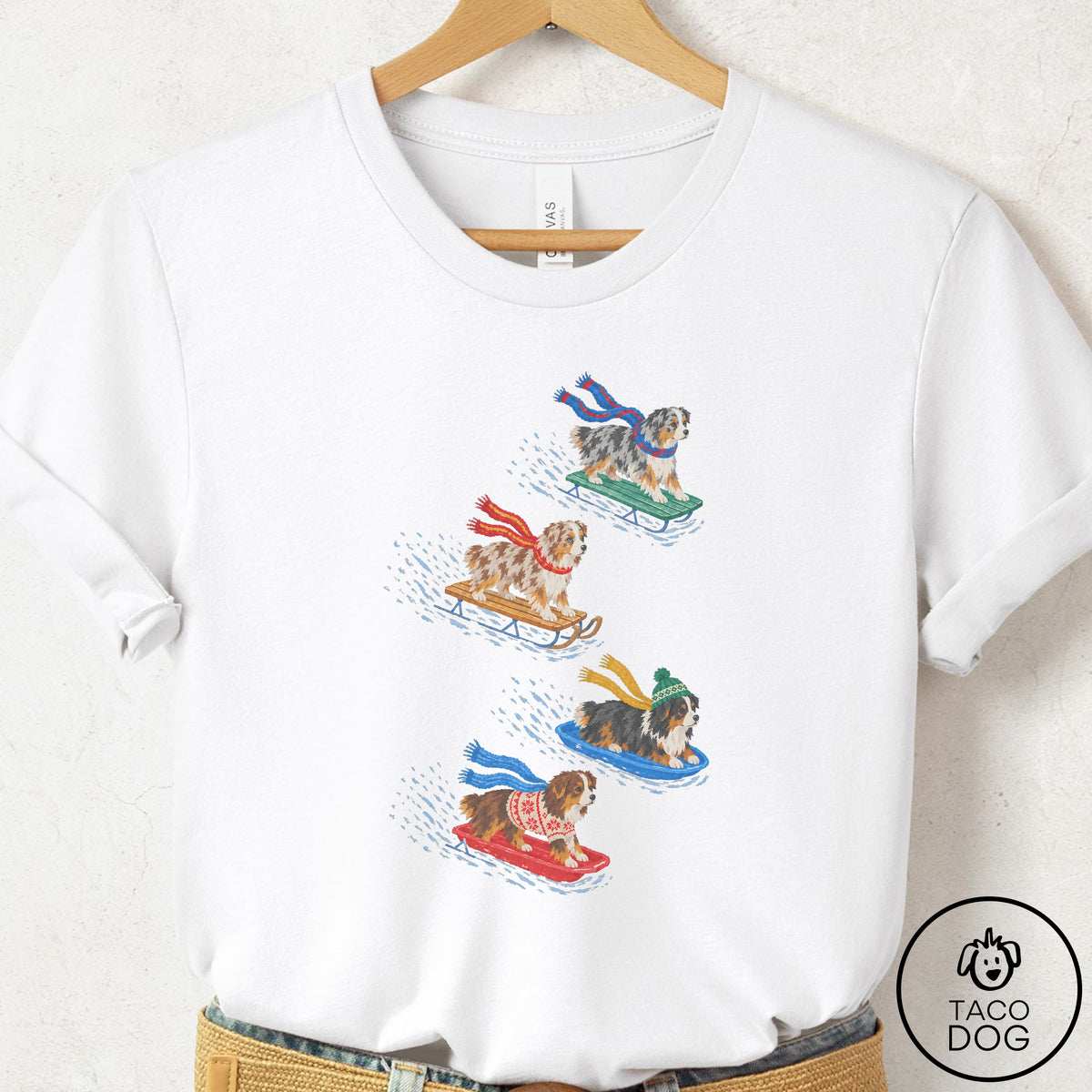 Australian Shepherd Sledding T-Shirt White Taco-Dog