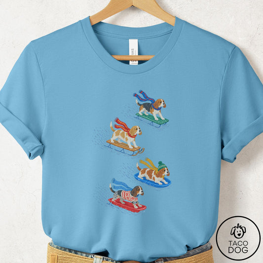 Beagle Sledding T-Shirt Ocean Blue Taco-Dog
