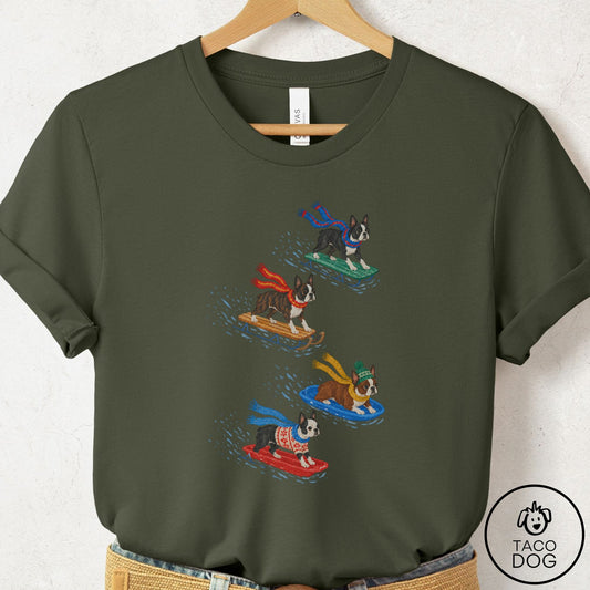 Boston Terrier Sledding T-Shirt Military Green Taco-Dog
