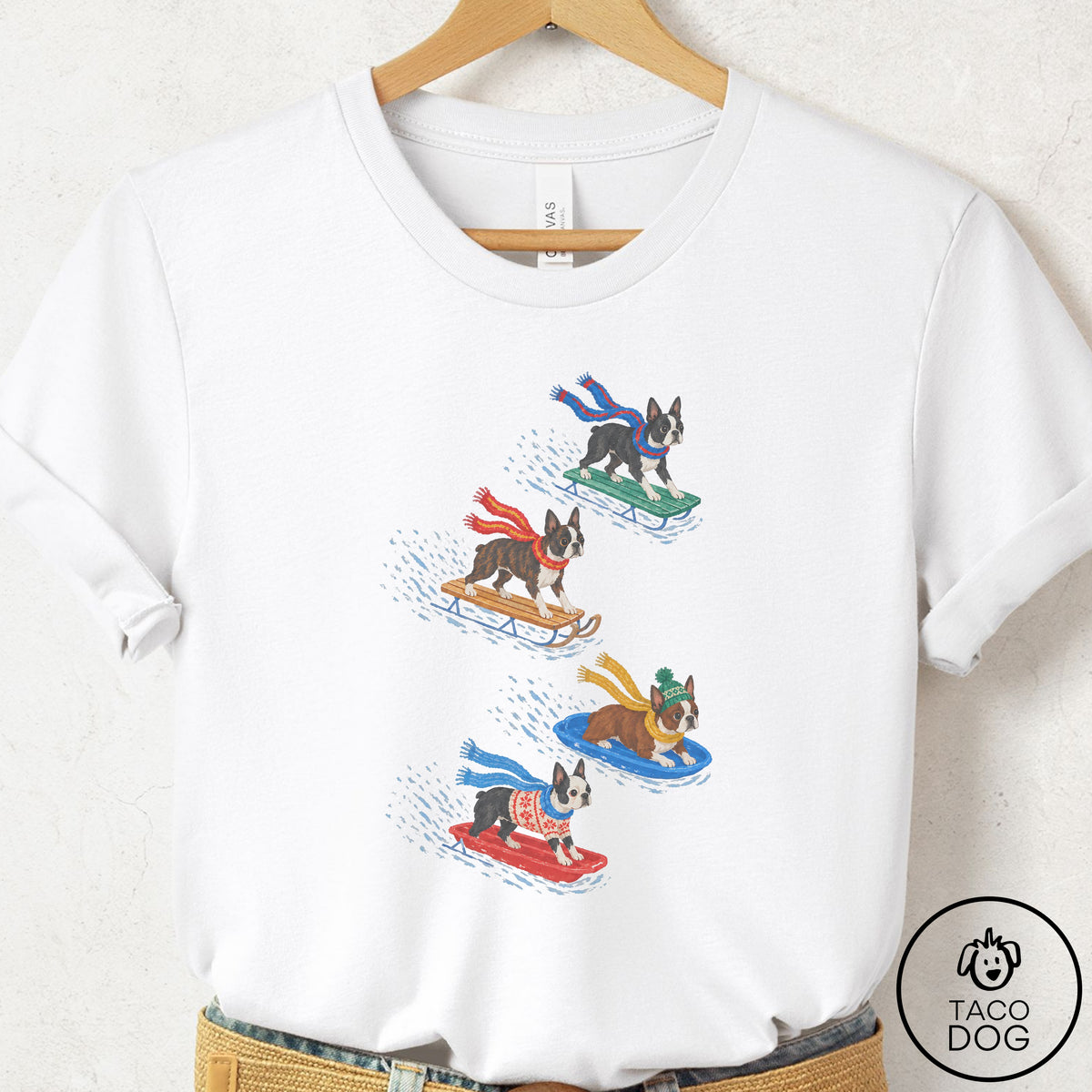 Boston Terrier Sledding T-Shirt White Taco-Dog