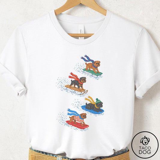 Brussels Griffon Sledding T-Shirt White Taco-Dog
