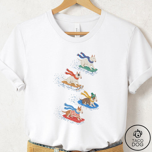 Bull Terrier Sledding T-Shirt White Taco-Dog
