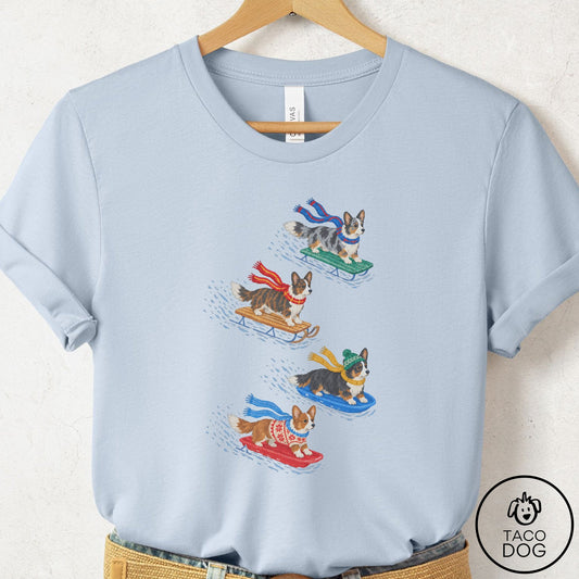 Cardigan Welsh Corgi Sledding T-Shirt Light Blue Taco-Dog