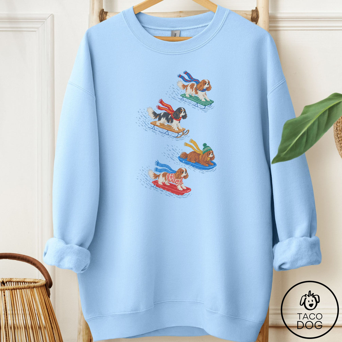 Cavalier King Charles Spaniel Sledding Sweatshirt Light Blue Taco-Dog