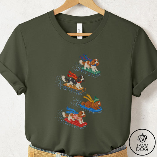 Cavalier King Charles Spaniel Sledding T-Shirt Military Green Taco-Dog