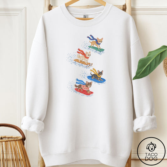 Chihuahua Sledding Sweatshirt White Taco-Dog