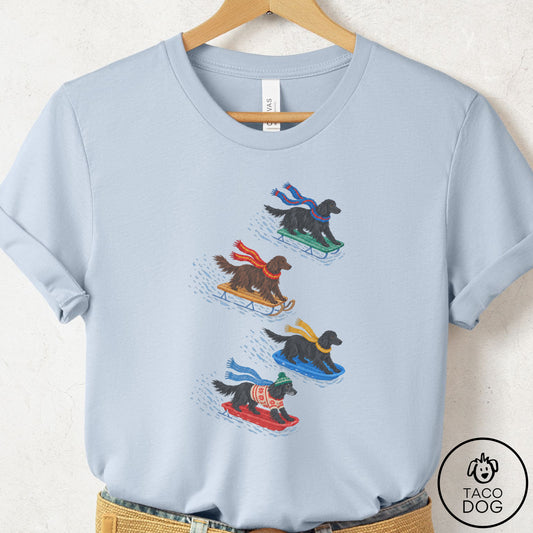 Flat-Coated Retriever Sledding T-Shirt Light Blue Taco-Dog