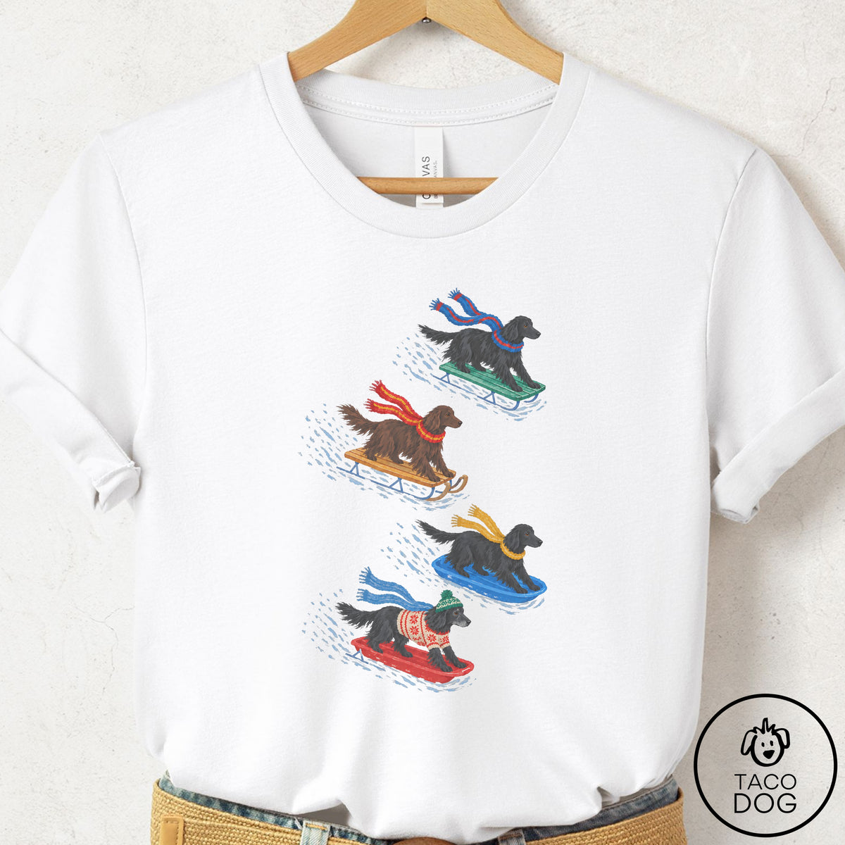 Flat-Coated Retriever Sledding T-Shirt White Taco-Dog