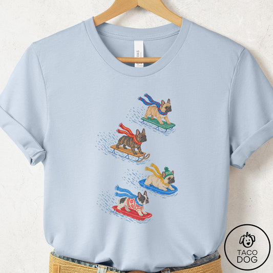 French Bulldog Frenchie Sledding T-Shirt Light Blue Taco-Dog