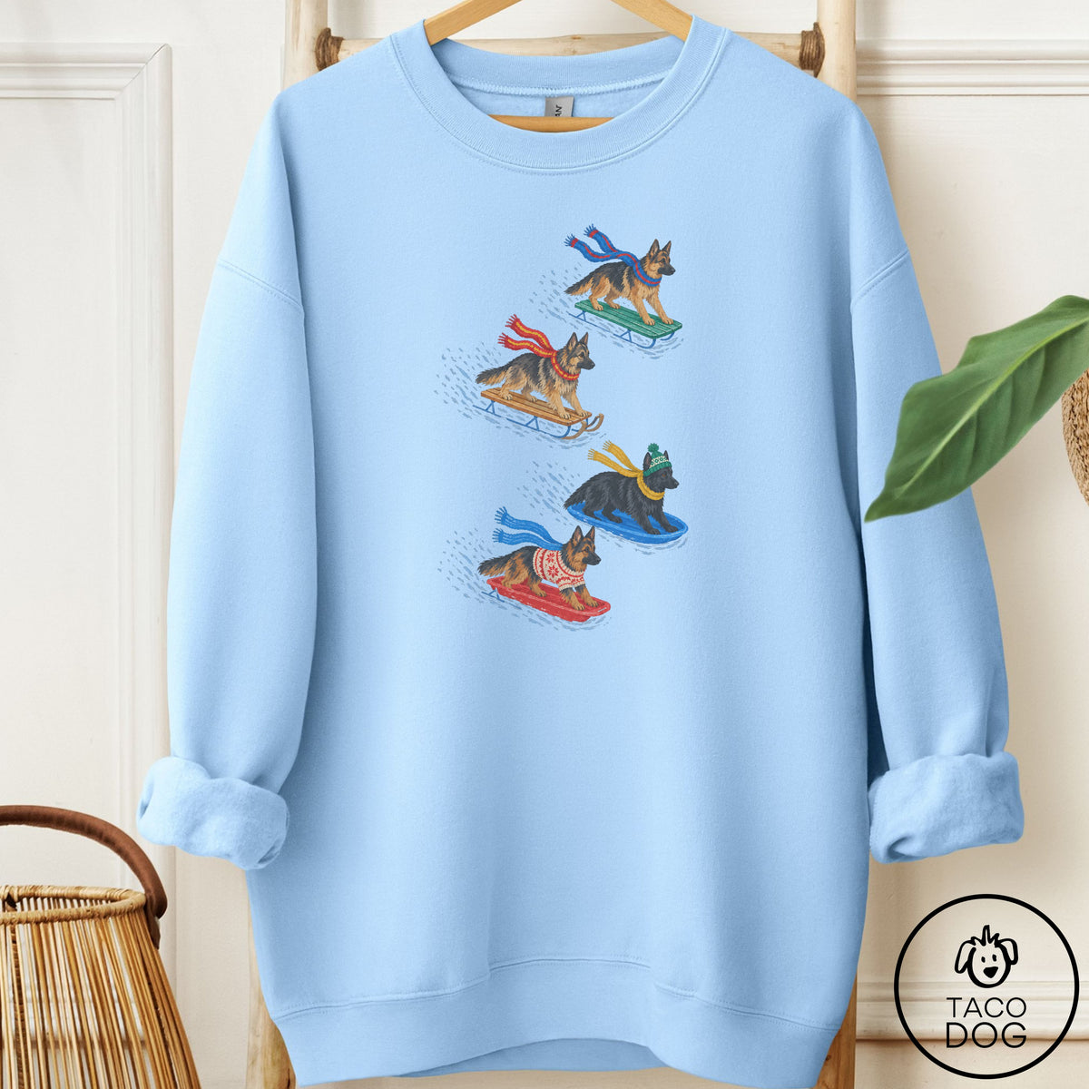 German Shepherd Sledding Sweatshirt Light Blue Taco-Dog