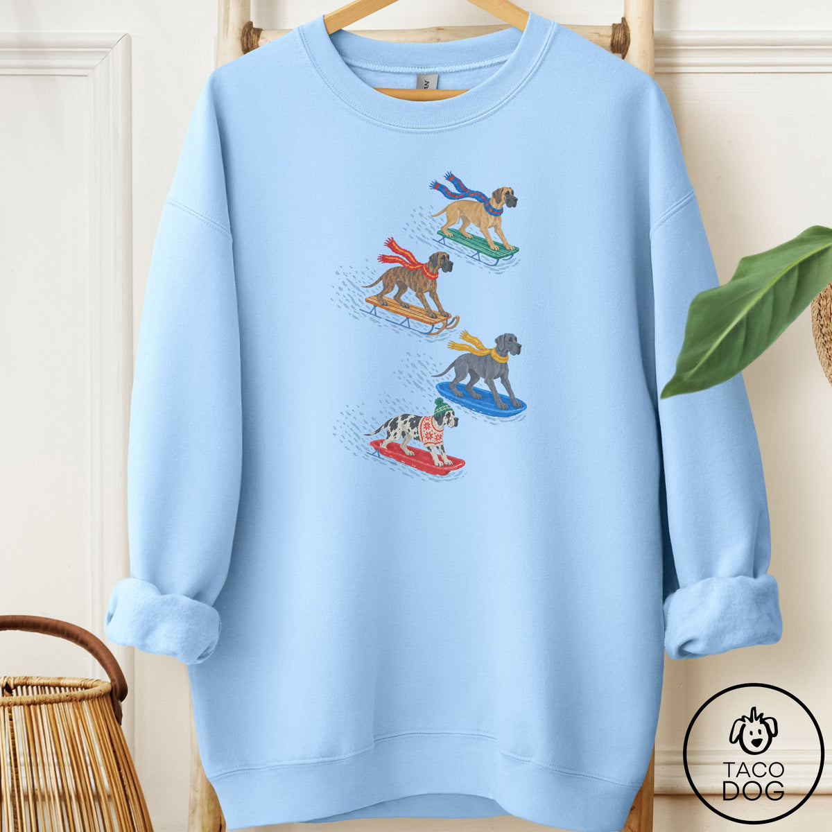 Great Dane Sledding Sweatshirt Light Blue Taco-Dog