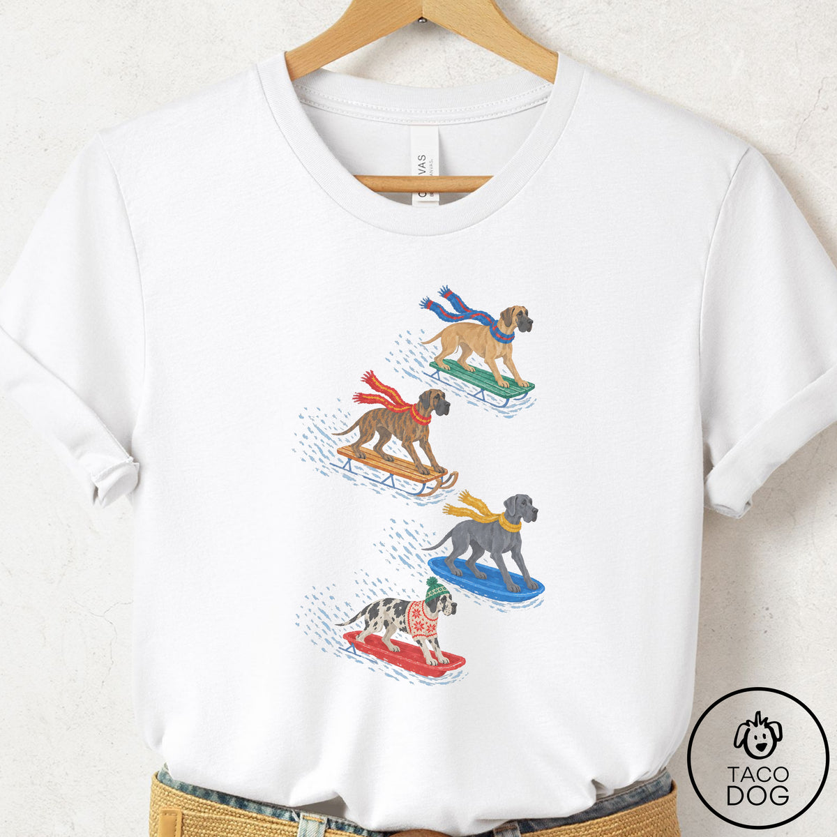 Great Dane Sledding T-Shirt White Taco-Dog