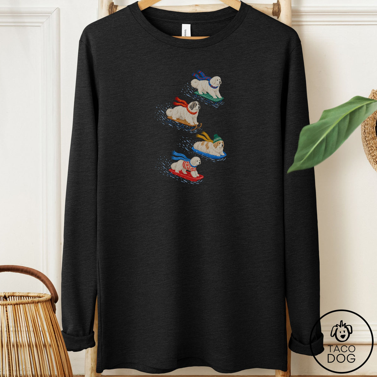 Great Pyrenees Sledding Long Sleeve Tee Black Heather Taco-Dog