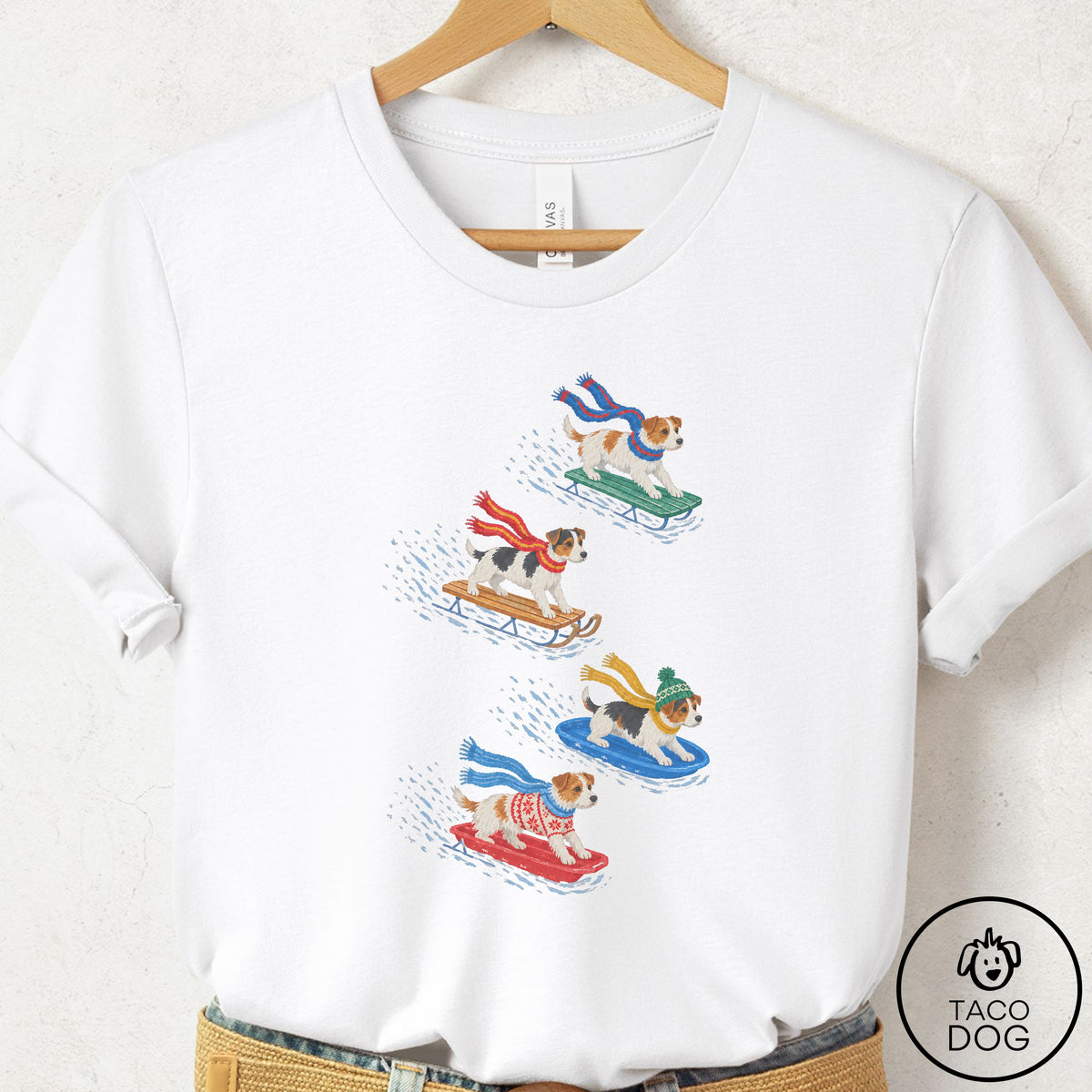 Jack Russell Sledding T-Shirt White Taco-Dog