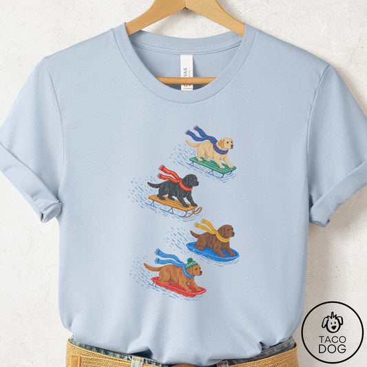 Labrador Retriever Sledding T-Shirt Light Blue Taco-Dog