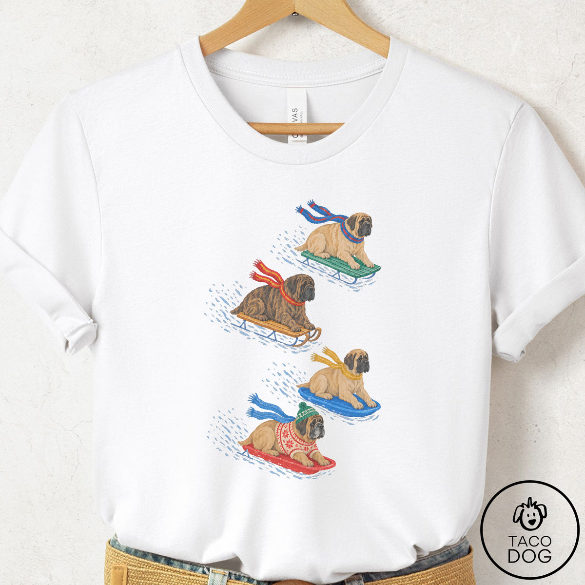 Mastiff Sledding T-Shirt White Taco-Dog