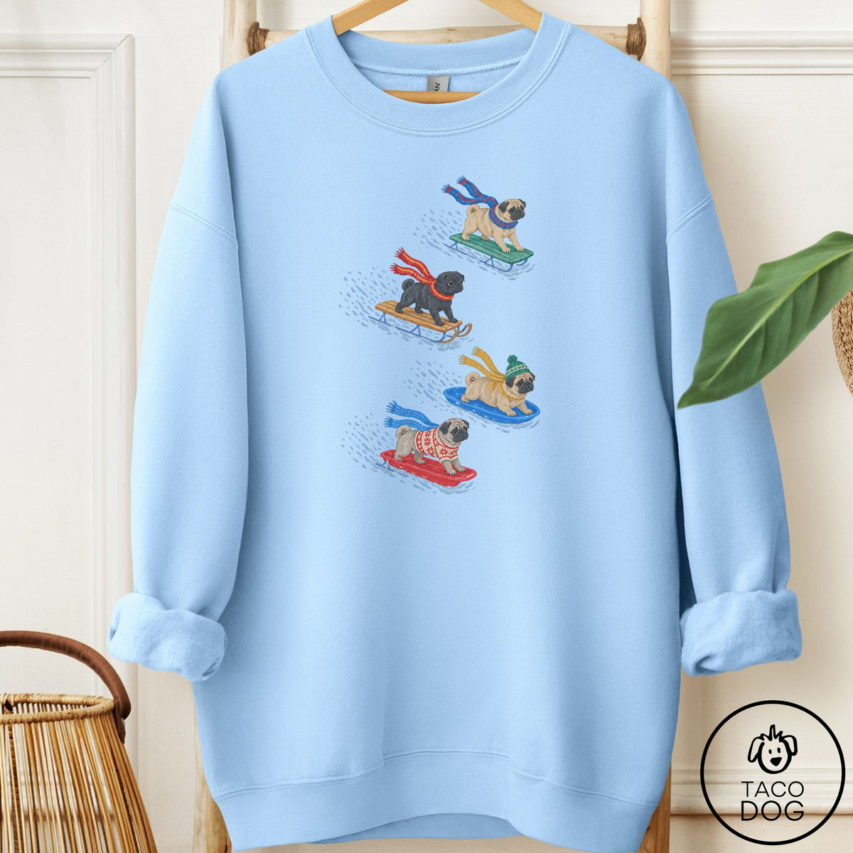 Pug Sledding Sweatshirt Light Blue Taco-Dog