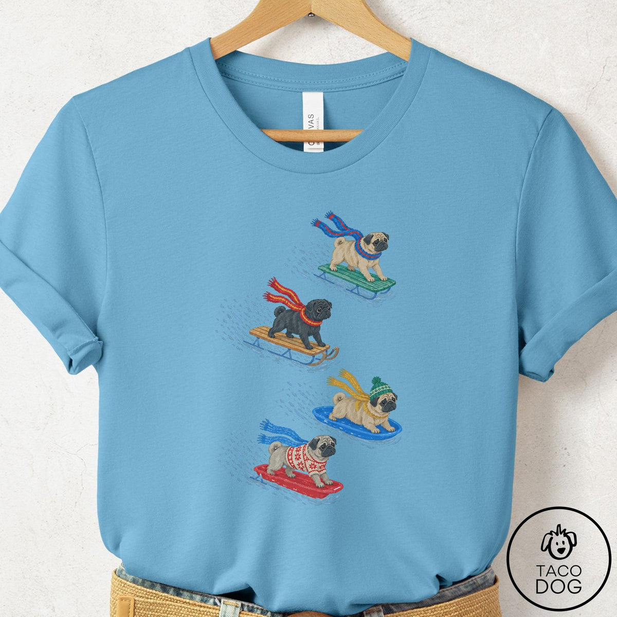 Pug Sledding T-Shirt Ocean Blue Taco-Dog