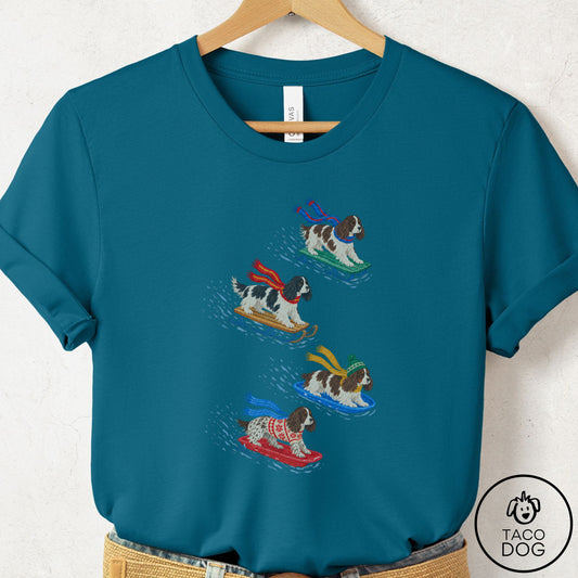 Springer Spaniel Sledding T-Shirt Deep Teal Taco-Dog