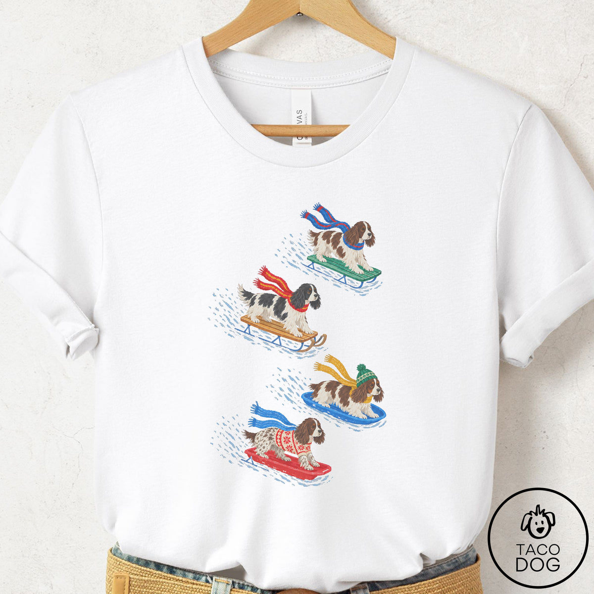 Springer Spaniel Sledding T-Shirt White Taco-Dog