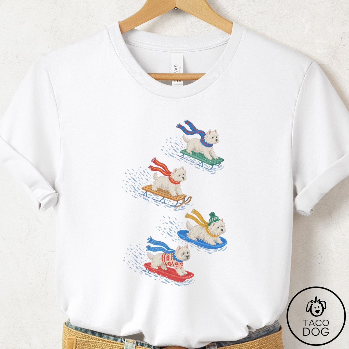 Westie Sledding T-Shirt White Taco-Dog